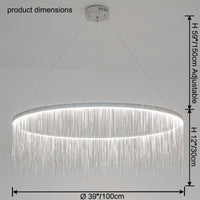Silver 39-inch chandelier dimensions: 39″/100 cm diameter, 12″/30 cm fringe height and adjustable suspension up to 59″/150 cm for expansive interiors.