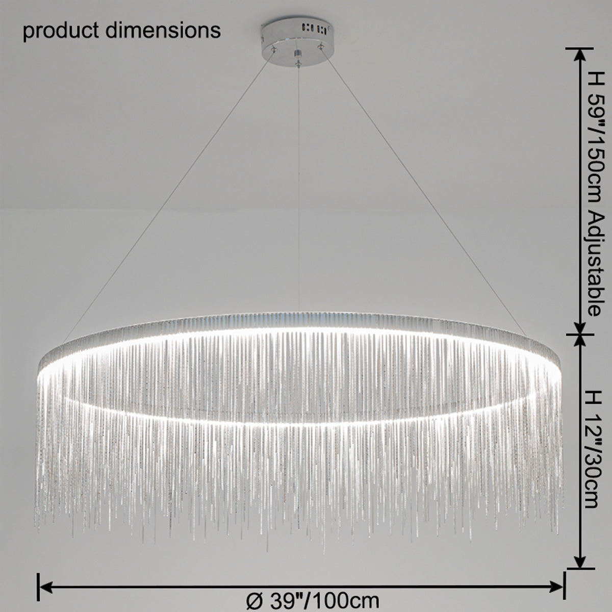 Silver 39-inch chandelier dimensions: 39″/100 cm diameter, 12″/30 cm fringe height and adjustable suspension up to 59″/150 cm for expansive interiors.