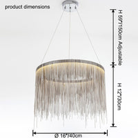 Silver 16-inch chandelier dimensions: 16″/40 cm diameter, 12″/30 cm fringe height and adjustable suspension up to 59″/150 cm—compact scale with full decorative impact.