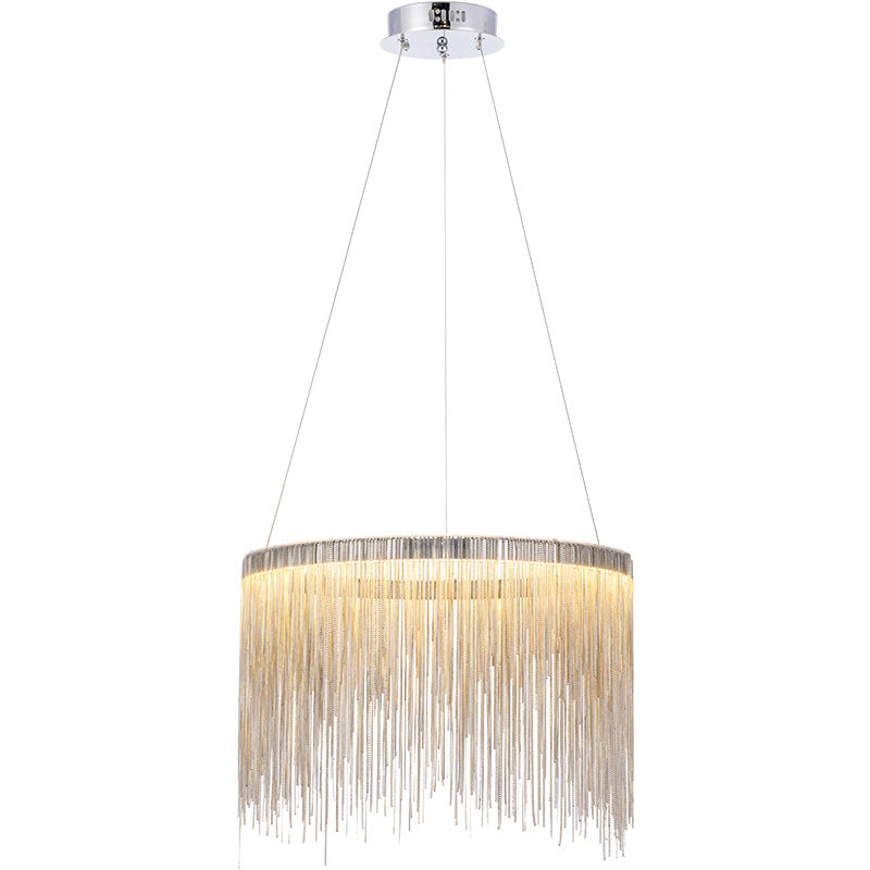 Full silver WM2062a chandelier on a white background, showing its slim canopy, three-point suspension and dense circular curtain of metal chains.