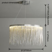 Silver 20-inch chandelier dimensions: 20″/50 cm diameter, 12″/30 cm fringe height and adjustable suspension up to 59″/150 cm for flexible ceiling placement.