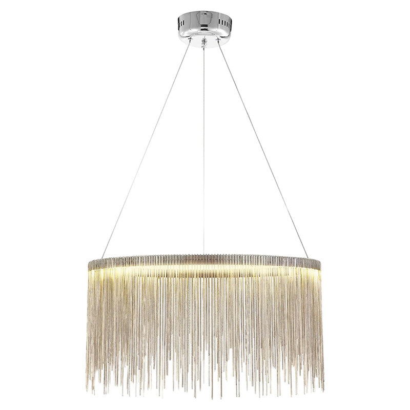 Silver 20-inch fringe chandelier on a clean background, offering a balanced round proportion for bedrooms, dining corners and intimate seating areas.