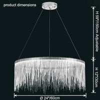 Silver 24-inch chandelier dimensions: 24″/60 cm diameter, 12″/30 cm fringe height and adjustable suspension up to 59″/150 cm.