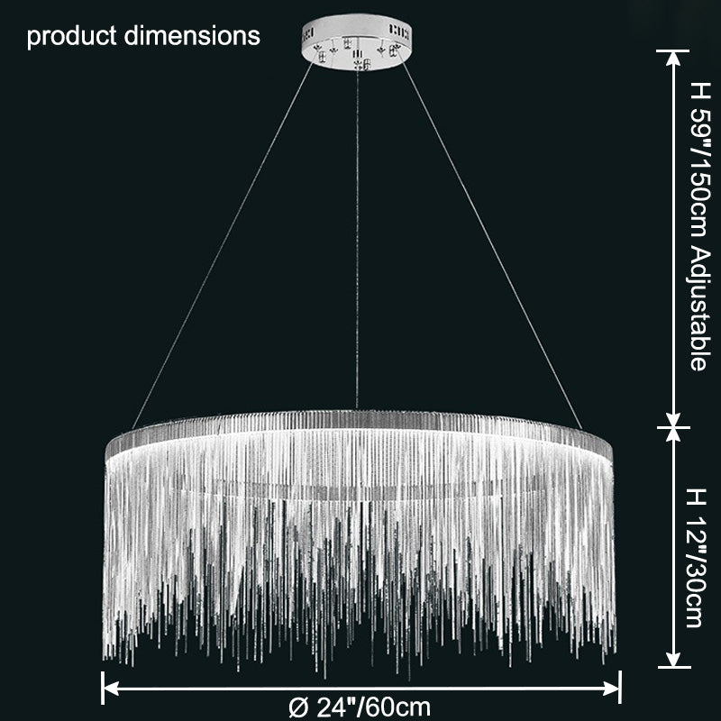 Silver 24-inch chandelier dimensions: 24″/60 cm diameter, 12″/30 cm fringe height and adjustable suspension up to 59″/150 cm.
