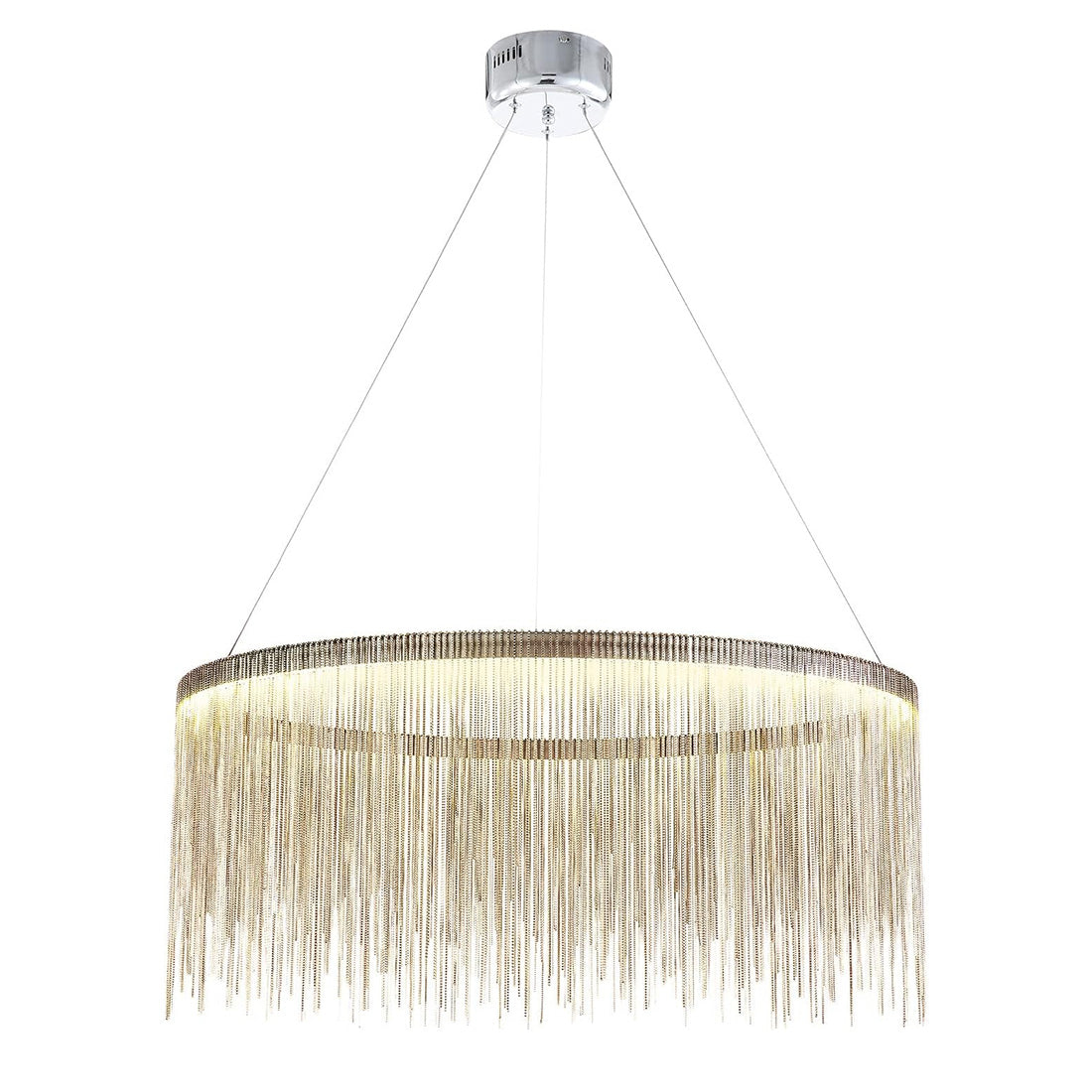 Full silver 24-inch chandelier on a white background, with dense chain fringe forming a softly sculpted circular silhouette.
