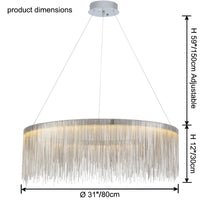 Silver 31-inch chandelier dimensions: 31″/80 cm diameter, 12″/30 cm fringe height and adjustable suspension up to 59″/150 cm for generous room coverage.