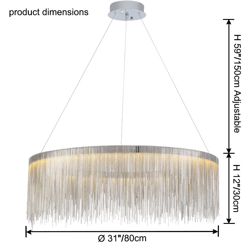 Silver 31-inch chandelier dimensions: 31″/80 cm diameter, 12″/30 cm fringe height and adjustable suspension up to 59″/150 cm for generous room coverage.