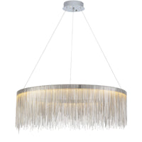 Silver 31-inch waterfall chandelier on a white background, expanding the luminous chain curtain for larger dining tables and open living areas.