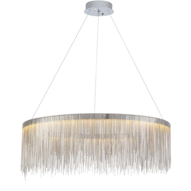Silver 31-inch waterfall chandelier on a white background, expanding the luminous chain curtain for larger dining tables and open living areas.