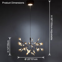 Black 30+1-light chandelier size guide showing compact proportions suited to smaller dining zones or curated living corners.