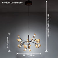Black 30-light Firefly chandelier dimensions showing a space-conscious 20-inch diameter and adjustable 59-inch hanging height.