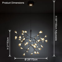 Black 45+1-light chandelier dimension guide showing a medium 28-inch span and adjustable 59-inch suspension.