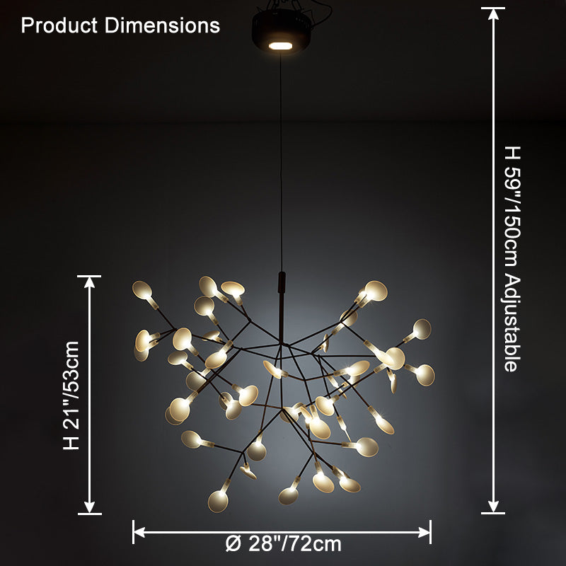 Black 45+1-light chandelier dimension guide showing a medium 28-inch span and adjustable 59-inch suspension.