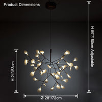 Black 45-light Firefly chandelier dimensions showing a 28-inch diameter and 21-inch body height for balanced room coverage.