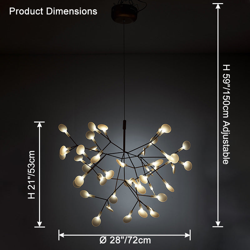 Black 45-light Firefly chandelier dimensions showing a 28-inch diameter and 21-inch body height for balanced room coverage.