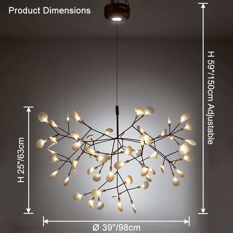 Black 63+1-light Firefly fixture dimensions showing a 39-inch span, 25-inch body height, and adjustable suspension for grand living or dining rooms.