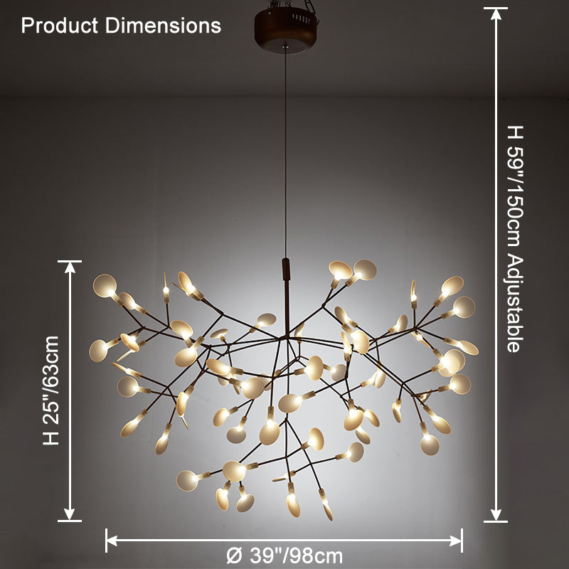 Black 63-light Firefly chandelier dimensions showing a dramatic 39-inch diameter designed to anchor spacious contemporary interiors.