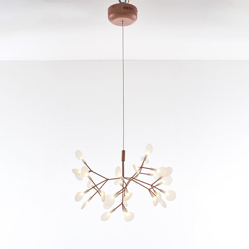 Illuminated 30-light rose-gold Firefly organic chandelier, creating a compact constellation for intimate living and dining areas.