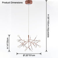 Rose-gold 30+1-light chandelier size guide showing a compact 20-inch span and adjustable suspension for flexible placement.