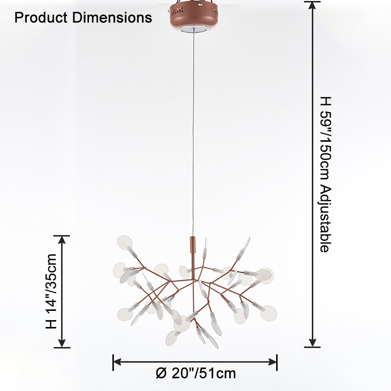 Rose-gold 30+1-light chandelier size guide showing a compact 20-inch span and adjustable suspension for flexible placement.