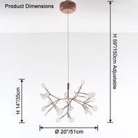 Rose-gold 30-light Firefly chandelier dimensions showing a 20-inch diameter, 14-inch body height, and adjustable 59-inch suspension.