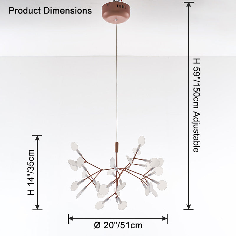 Rose-gold 30-light Firefly chandelier dimensions showing a 20-inch diameter, 14-inch body height, and adjustable 59-inch suspension.