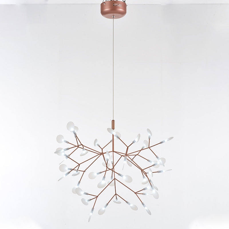 Illuminated 45-light rose-gold Firefly living room chandelier, forming a fuller canopy of light for medium-size interiors.