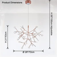 Rose-gold 45+1-light chandelier dimensions showing a balanced 28-inch profile for living rooms and dining areas.