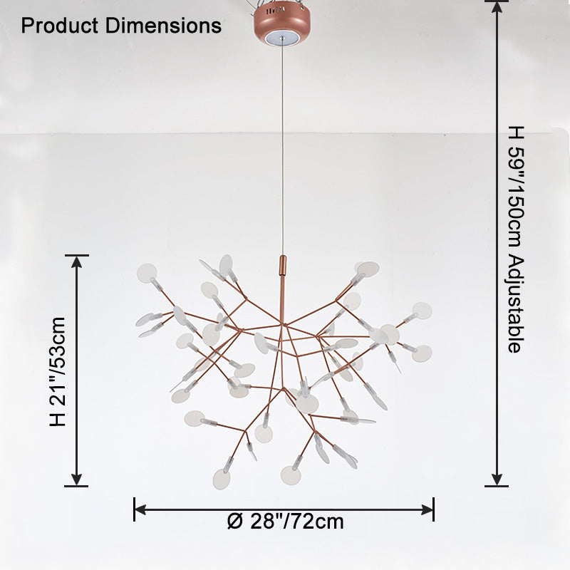 Rose-gold 45+1-light chandelier dimensions showing a balanced 28-inch profile for living rooms and dining areas.
