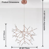 Rose-gold 45-light Firefly chandelier dimensions showing a 28-inch diameter, 21-inch body height, and adjustable 59-inch suspension.