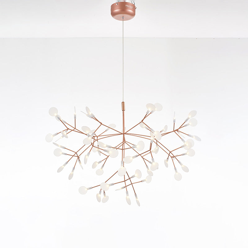 Wide 63-light rose-gold Firefly organic chandelier, creating an abundant swarm of glowing leaves for spacious statement interiors.