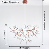 Rose-gold 63+1-light fixture dimensions showing a dramatic 39-inch span and adjustable suspension for high-impact placement.