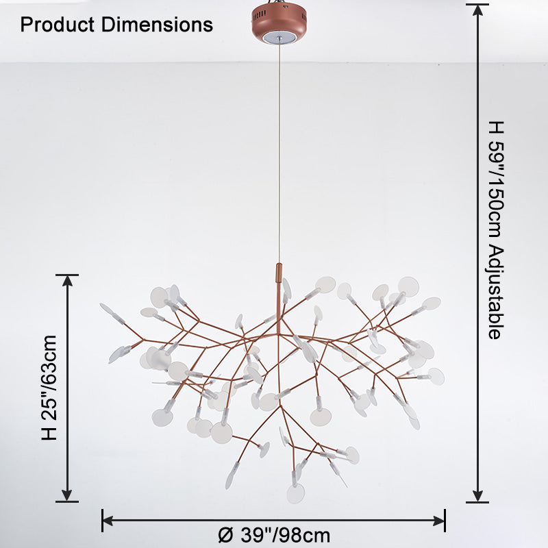 Rose-gold 63+1-light fixture dimensions showing a dramatic 39-inch span and adjustable suspension for high-impact placement.