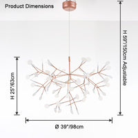 Rose-gold 63-light Firefly chandelier dimensions showing a 39-inch diameter and 25-inch body height for generous room proportions.