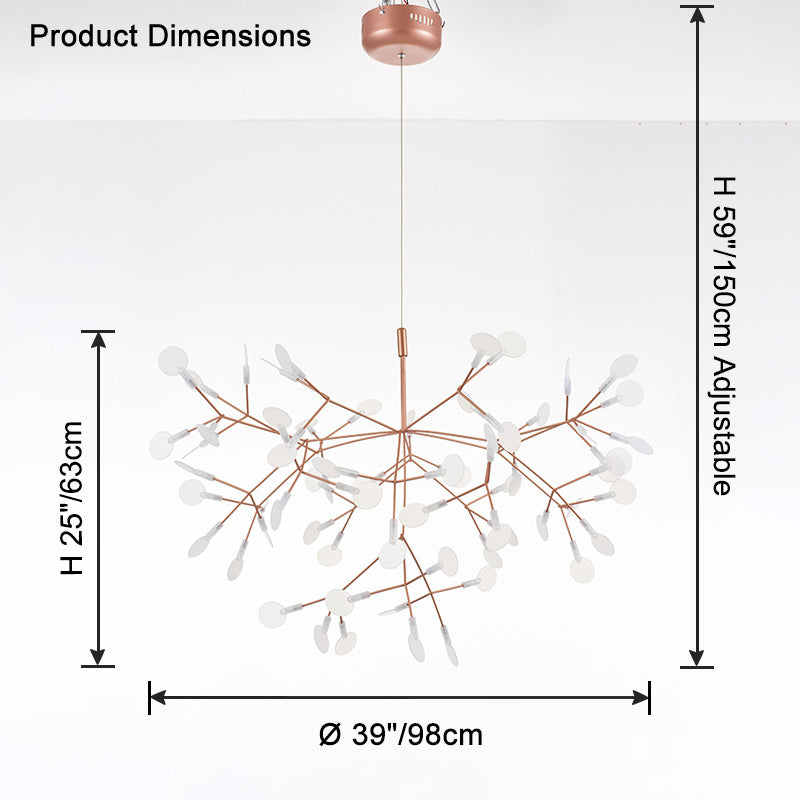 Rose-gold 63-light Firefly chandelier dimensions showing a 39-inch diameter and 25-inch body height for generous room proportions.