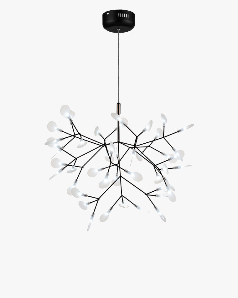 WOMO WM2072 black Heracleum tree branch chandelier, with translucent acrylic leaves resembling fireflies resting across an airy sculptural canopy.