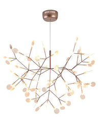 Expansive rose-gold tree branch chandelier shown against white, revealing a radial network of branches tipped with firefly-like acrylic lights.