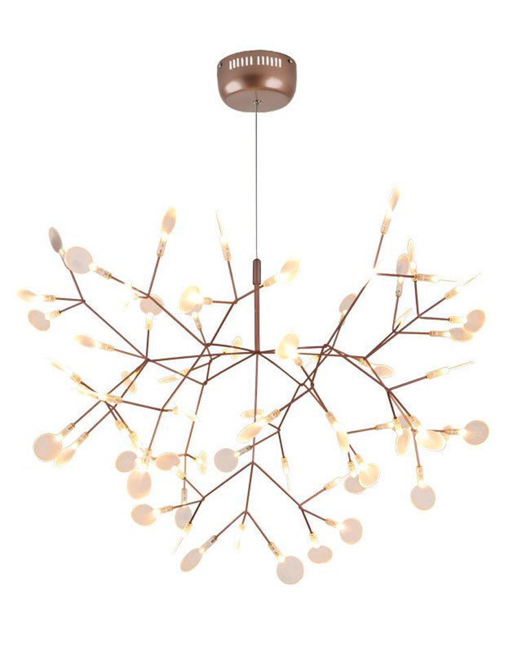 Expansive rose-gold tree branch chandelier shown against white, revealing a radial network of branches tipped with firefly-like acrylic lights.