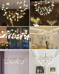 Lifestyle collage showing the Firefly chandelier creating memorable ambience across dining rooms, bedrooms, living rooms, and intimate corners.