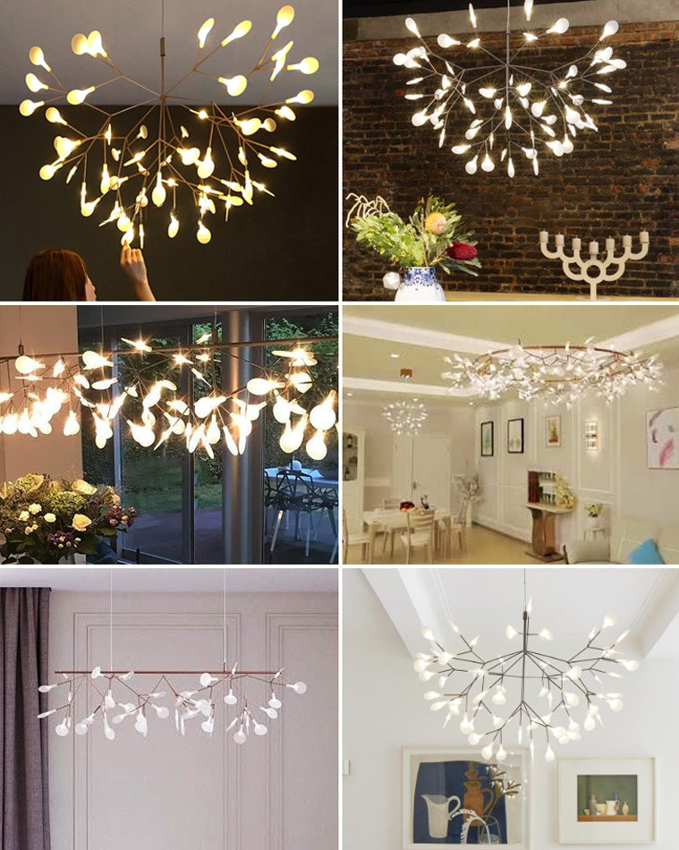 Lifestyle collage showing the Firefly chandelier creating memorable ambience across dining rooms, bedrooms, living rooms, and intimate corners.