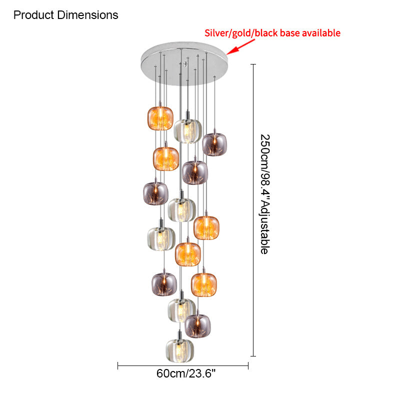Dimension guide for the 15-light staircase chandelier showing a 60 cm canopy width and 250 cm adjustable drop.