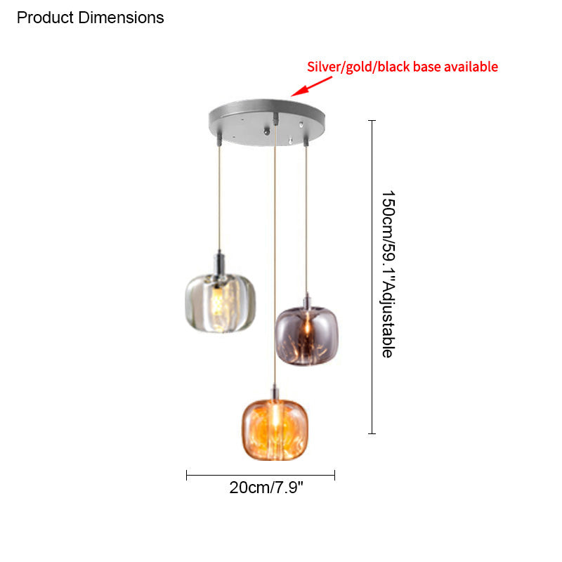 Three-light glass chandelier dimension guide showing compact canopy width, drop length and adjustable cord note