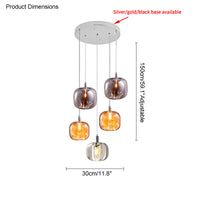 Five-light waterfall chandelier dimension guide with round canopy, overall hanging height and adjustable cords