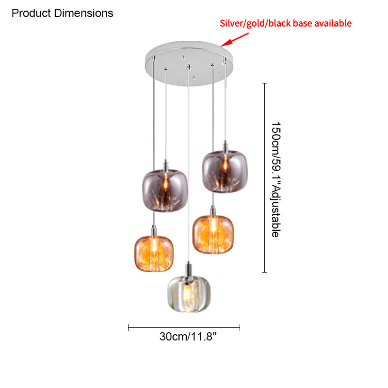 Five-light waterfall chandelier dimension guide with round canopy, overall hanging height and adjustable cords