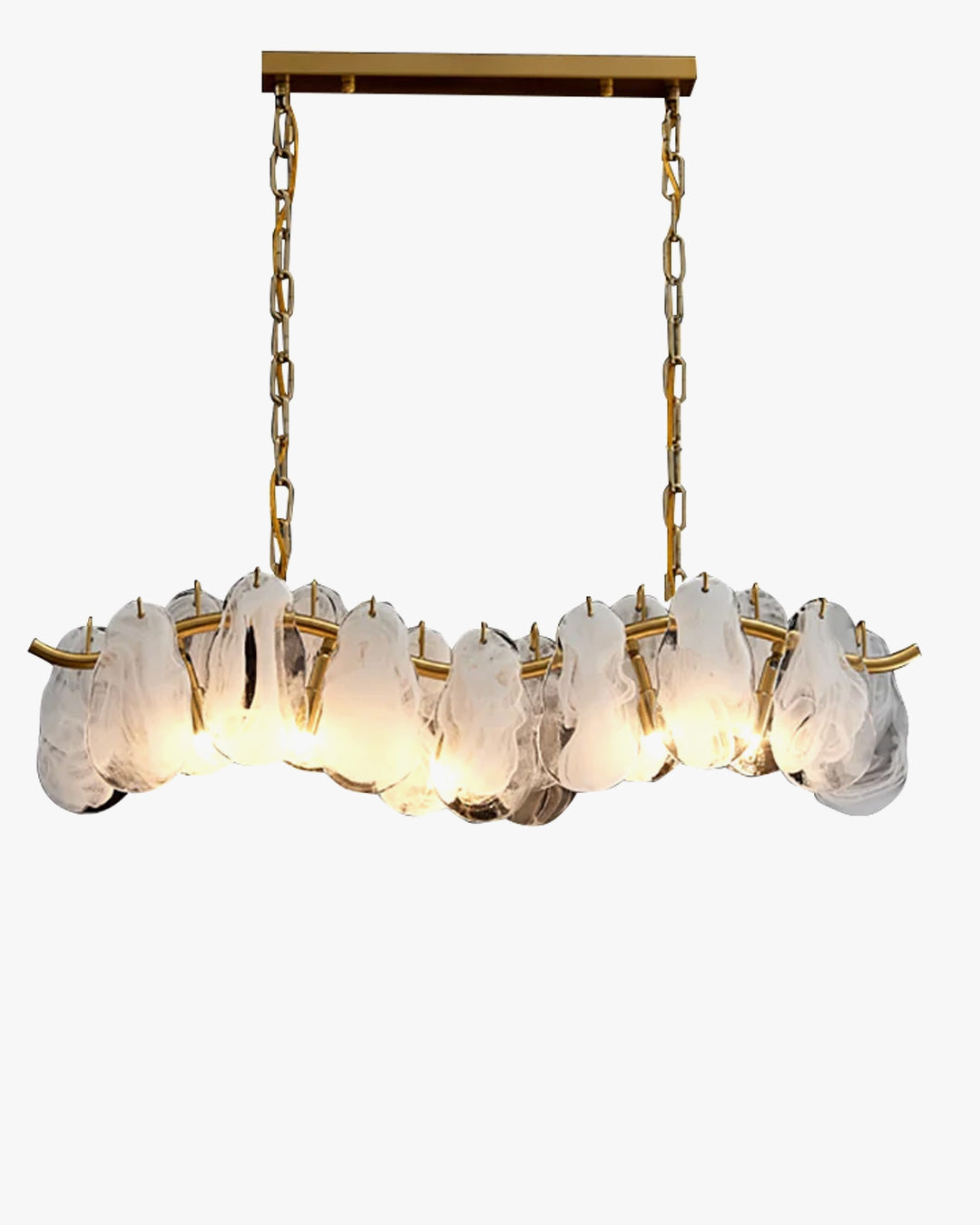 WOMO WM2358 linear chandelier with layered white-swirled clear glass pieces, a softly curved gold frame, twin chain suspensions and a rectangular ceiling canopy, illuminated on a white background.