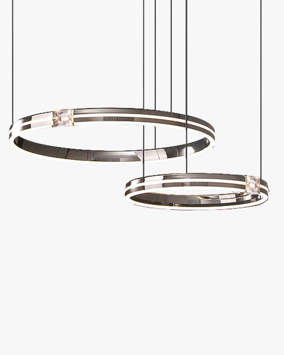 WOMO WM2365 liana round ring led chandelier with two offset black hoops, continuous light bands, and precisely placed square crystal accents.