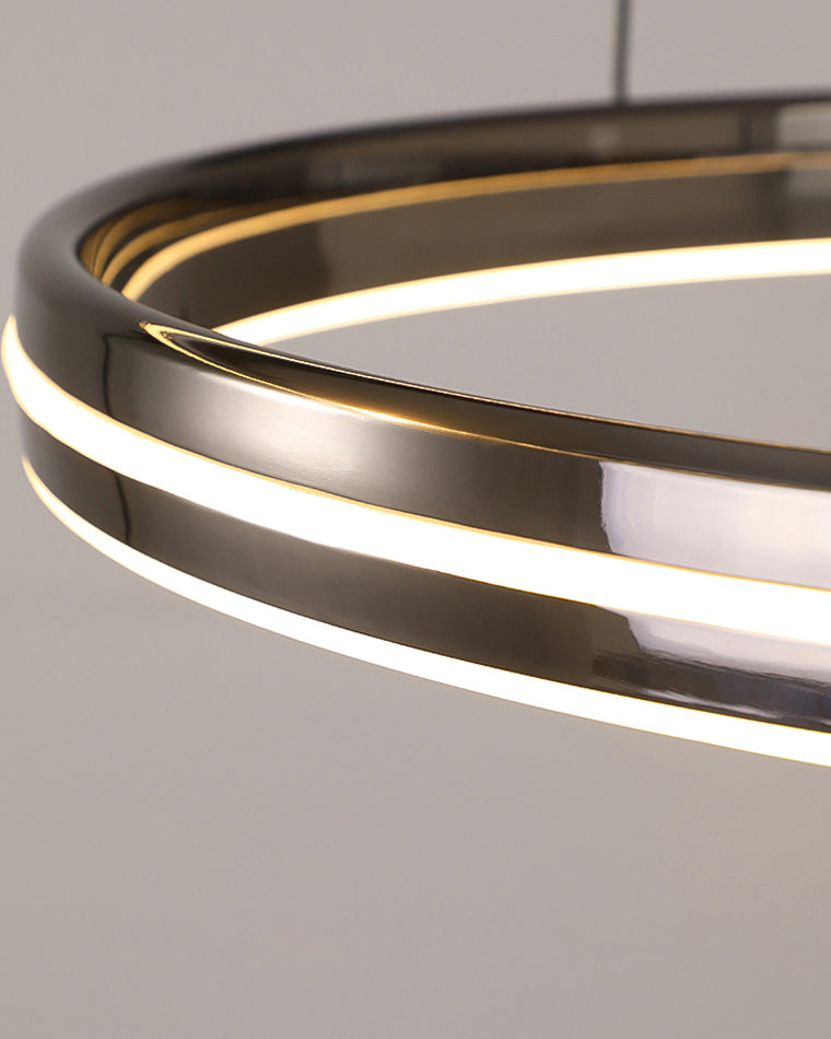 Close-up of the black ring and continuous light channel, capturing the restrained appeal associated with a black matte chandelier aesthetic.