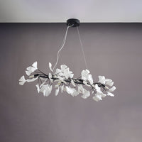 Black 39-inch ceramic ginkgo leaf chandelier shown unlit against a neutral background.