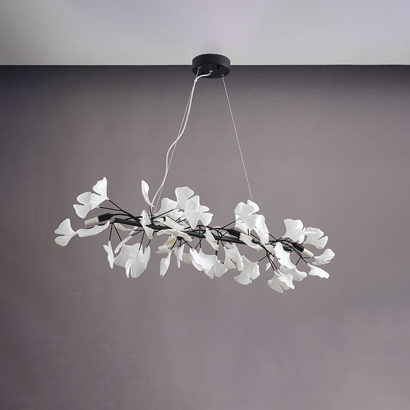 Black 39-inch ceramic ginkgo leaf chandelier shown unlit against a neutral background.