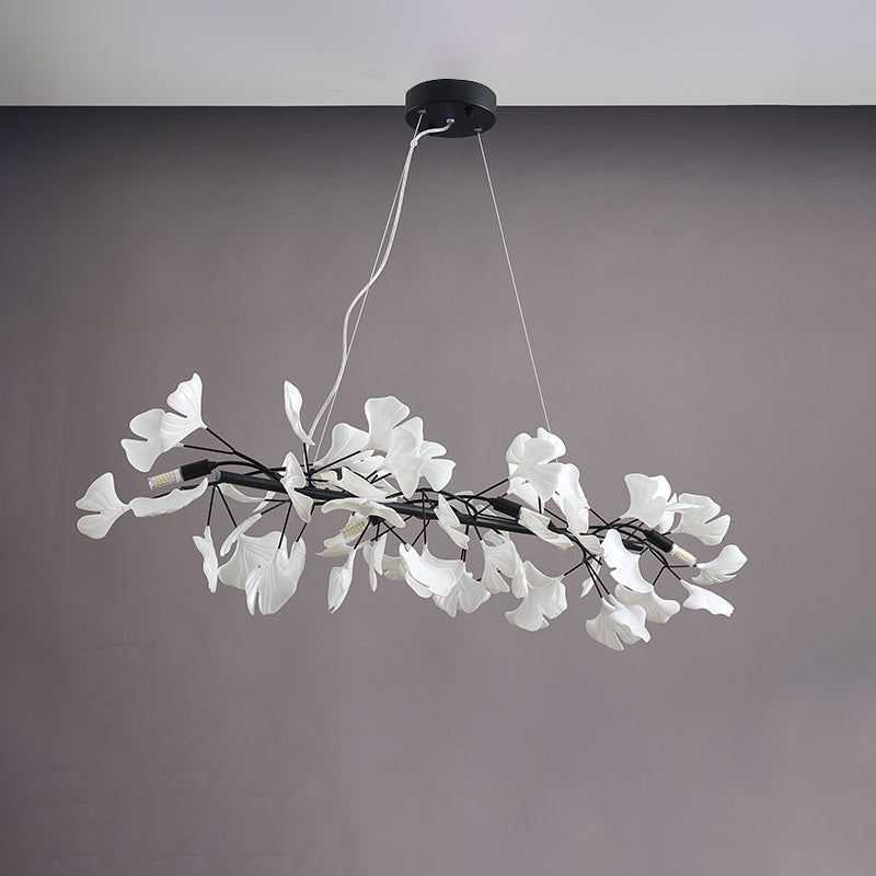 Black 59-inch ceramic ginkgo leaf linear chandelier shown unlit.